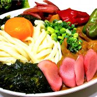 具沢山夏野菜のビーフカレーうどん モロヘイヤ添え